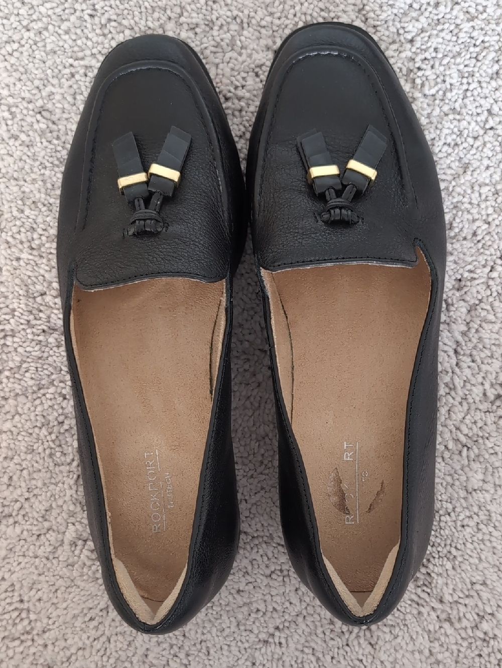 Rockport Black Leather Tassel Slip-On Loafers with Gold Accents Size 7